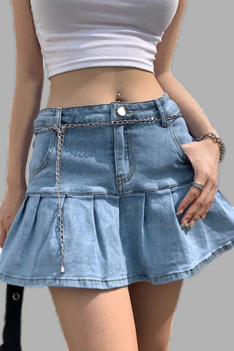 QE424 Pleated Denim Mini Skirt
