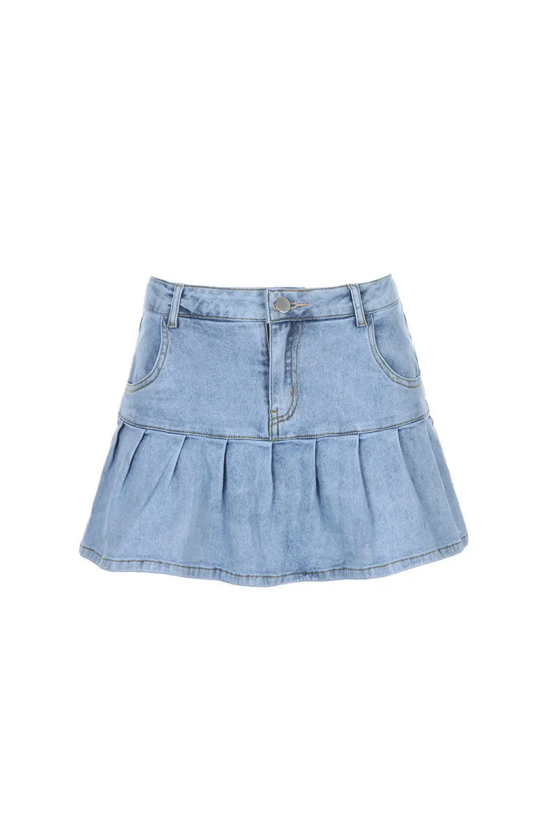 QE424 Pleated Denim Mini Skirt