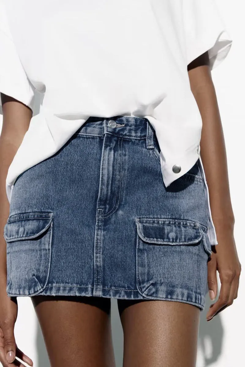 QK0380 Denim Cargo Mini Skirt