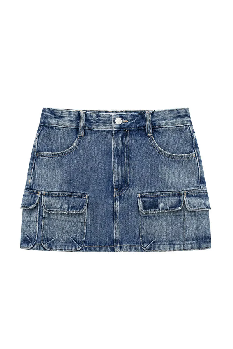 QK0380 Denim Cargo Mini Skirt