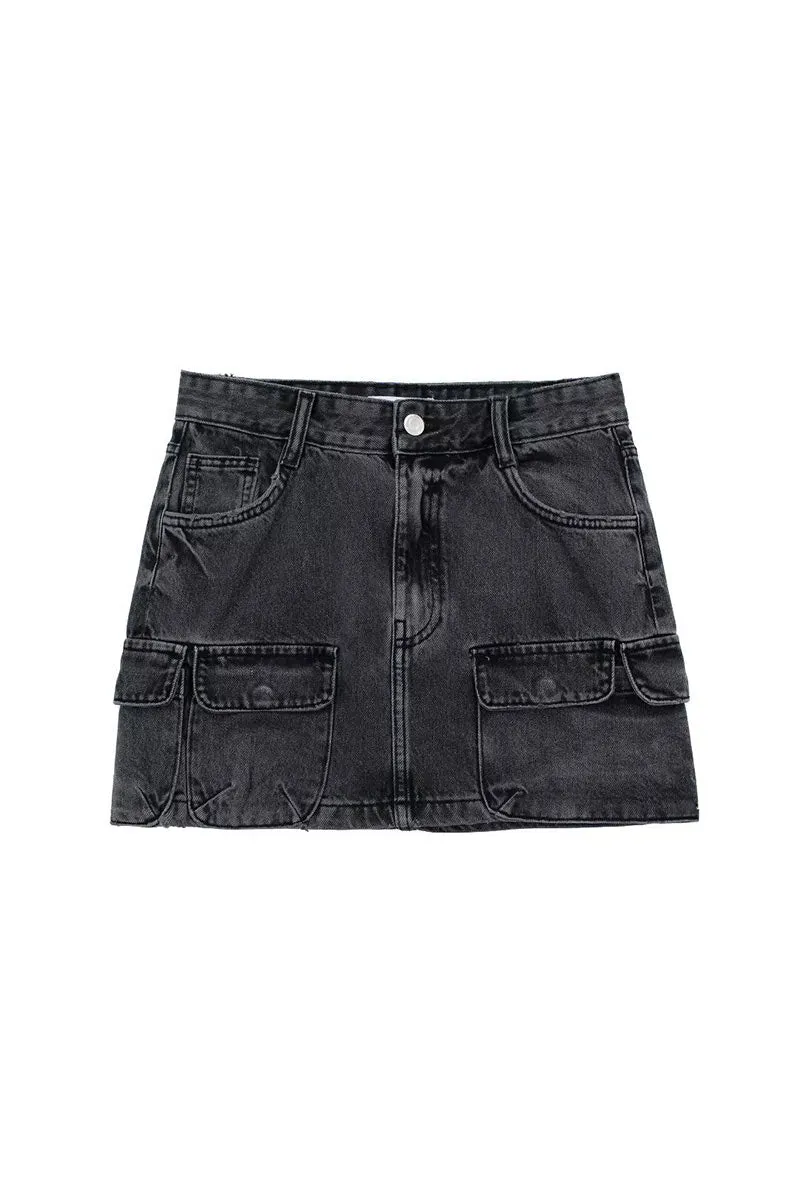 QK0380 Denim Cargo Mini Skirt
