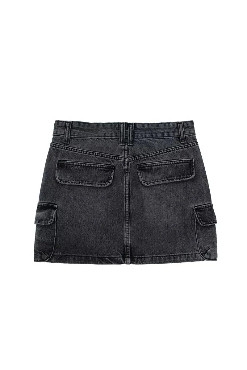 QK0380 Denim Cargo Mini Skirt