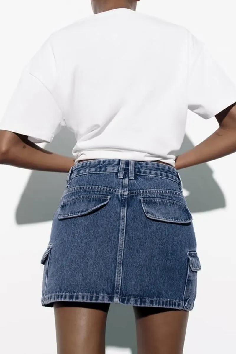 QK0380 Denim Cargo Mini Skirt