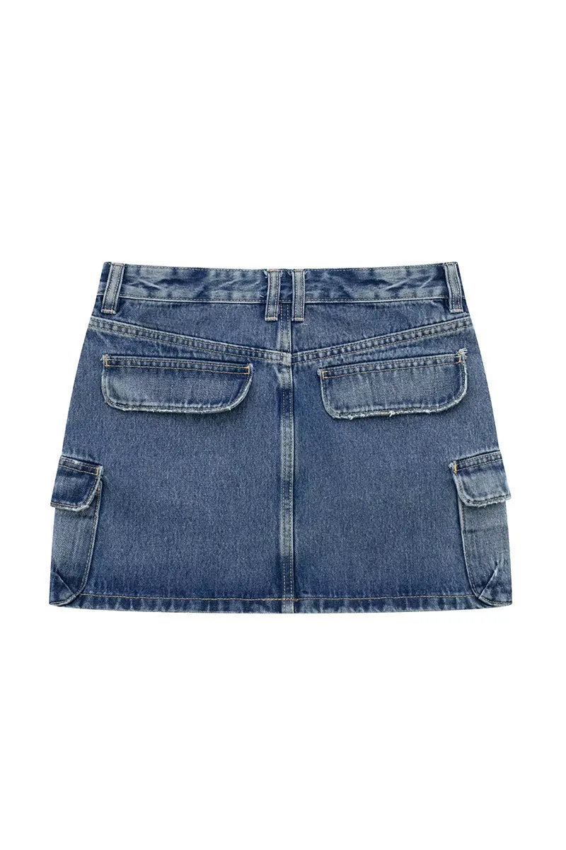 QK0380 Denim Cargo Mini Skirt
