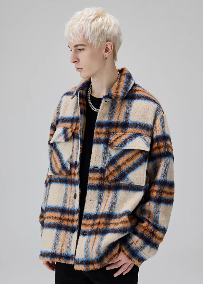 Retro Plaid Patchwork Long Woollen Overshirt