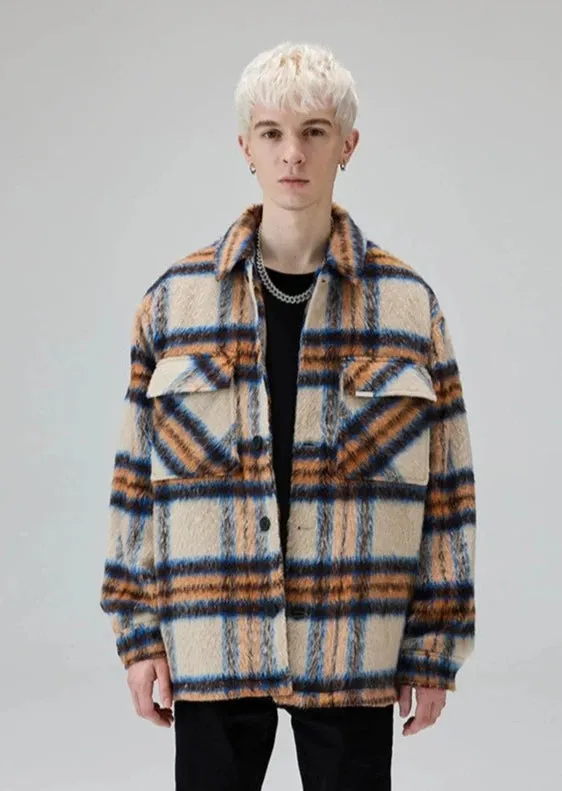 Retro Plaid Patchwork Long Woollen Overshirt