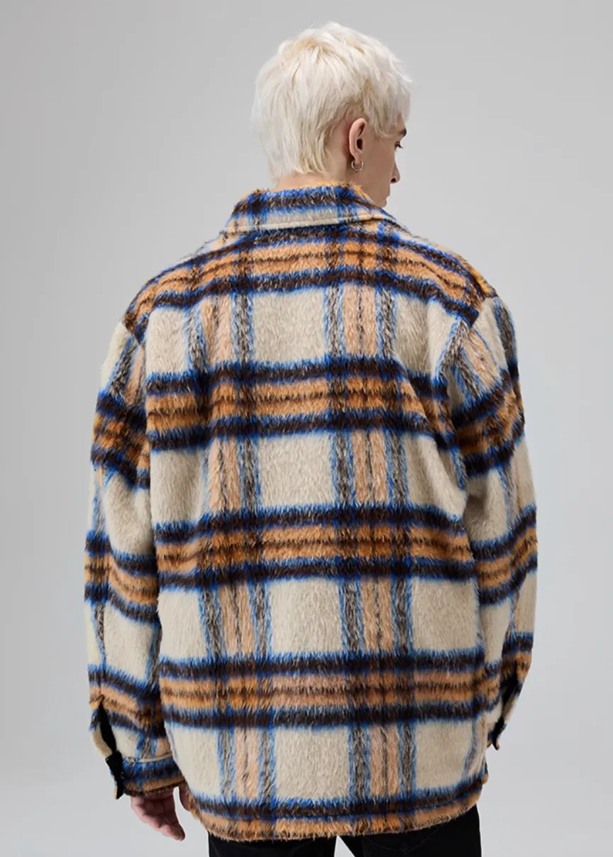 Retro Plaid Patchwork Long Woollen Overshirt