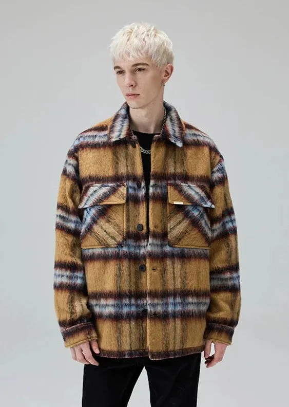 Retro Plaid Patchwork Long Woollen Overshirt