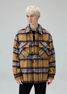 Retro Plaid Patchwork Long Woollen Overshirt