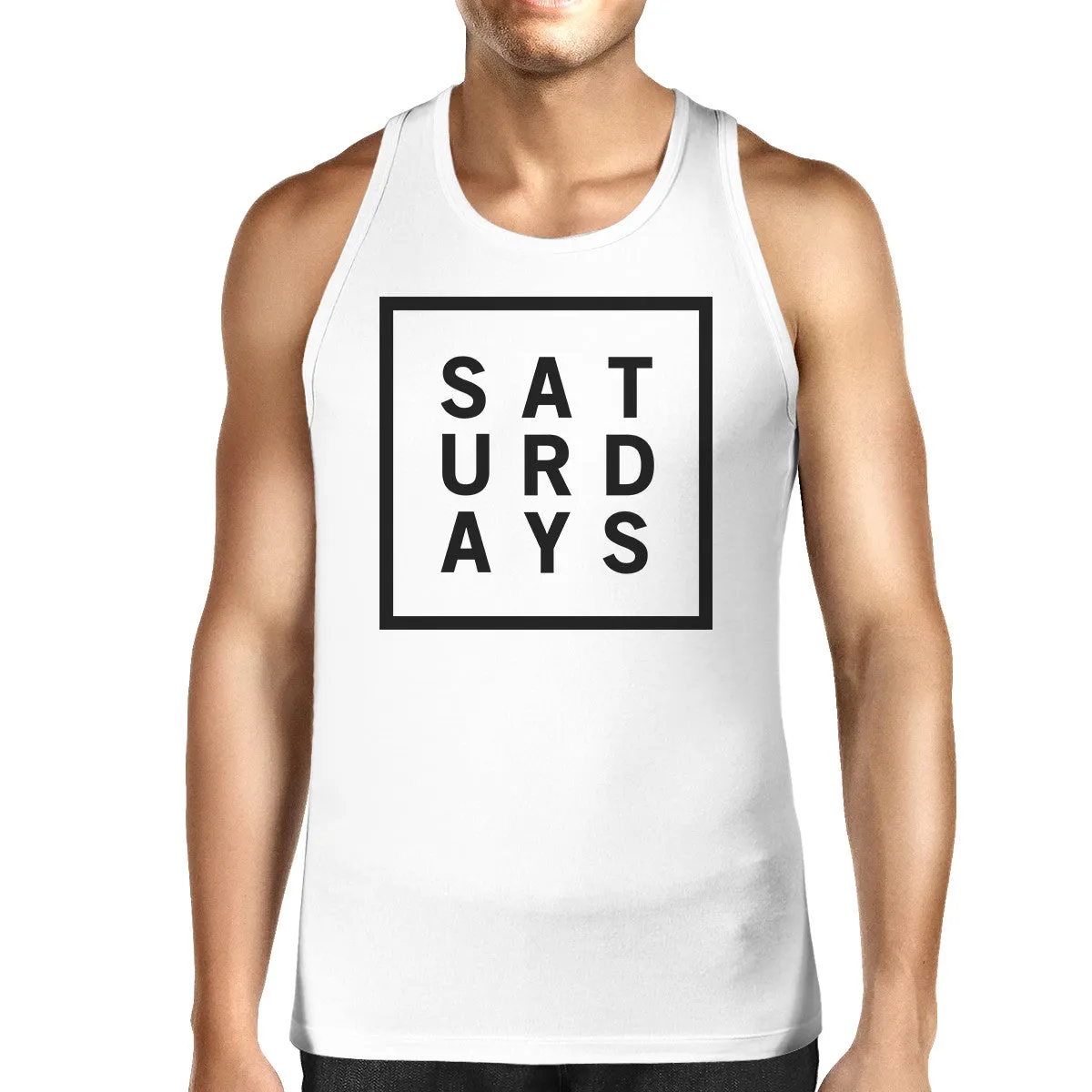 Saturdays Mens White  Sleeveless Tank Top Simple Typography Top