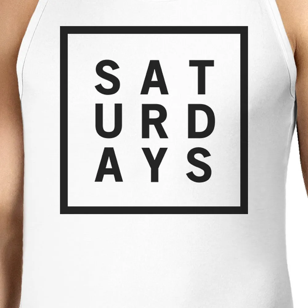 Saturdays Mens White  Sleeveless Tank Top Simple Typography Top