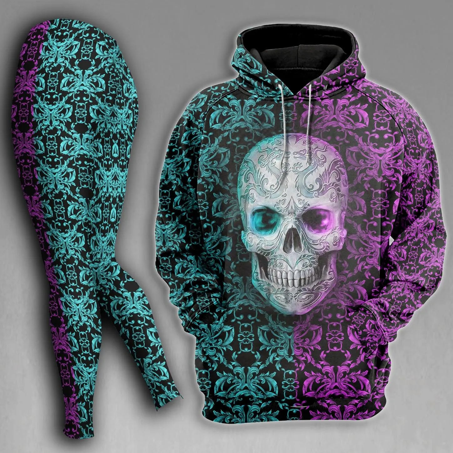 Skull Sugar Pattern Gothic Combo Hoodie and Leggings