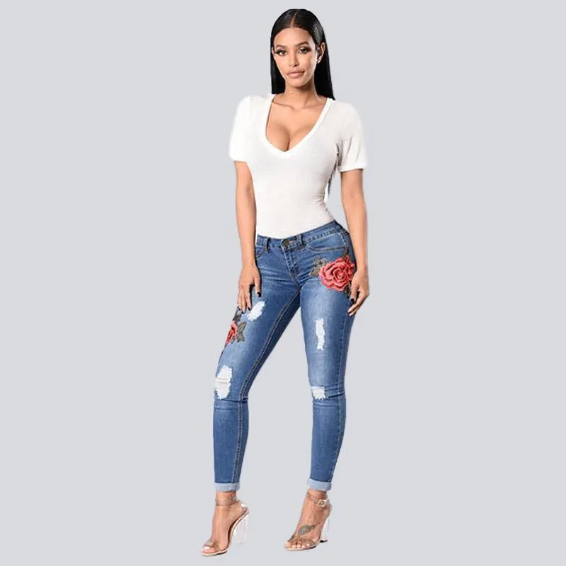 Stretch Embroidered Ripped Jeans