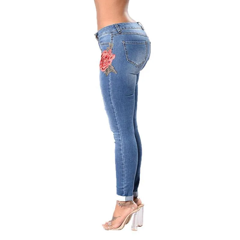 Stretch Embroidered Ripped Jeans