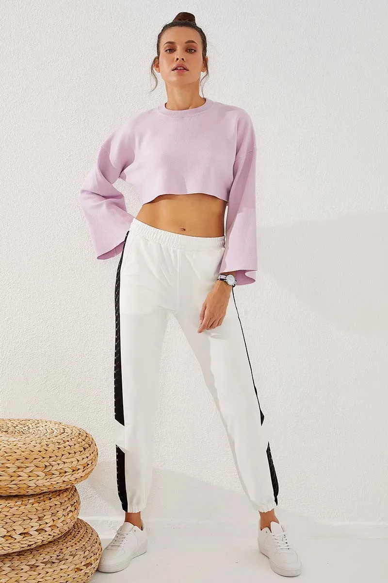 TMY Ecru Dotted Stripe Detailed Jogger Comfort Fit Elastic Cuff Women's Sweatpants - 94579 - Gießen