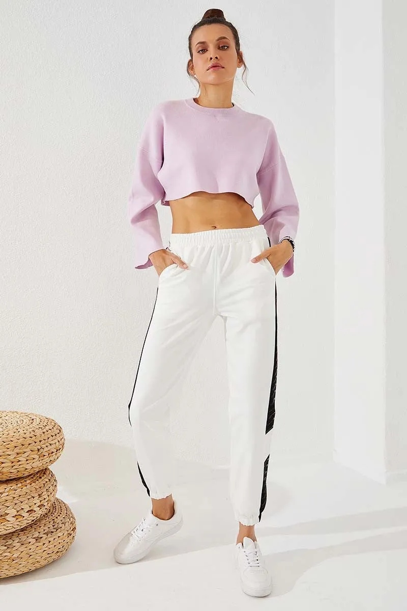 TMY Ecru Dotted Stripe Detailed Jogger Comfort Fit Elastic Cuff Women's Sweatpants - 94579 - Gießen