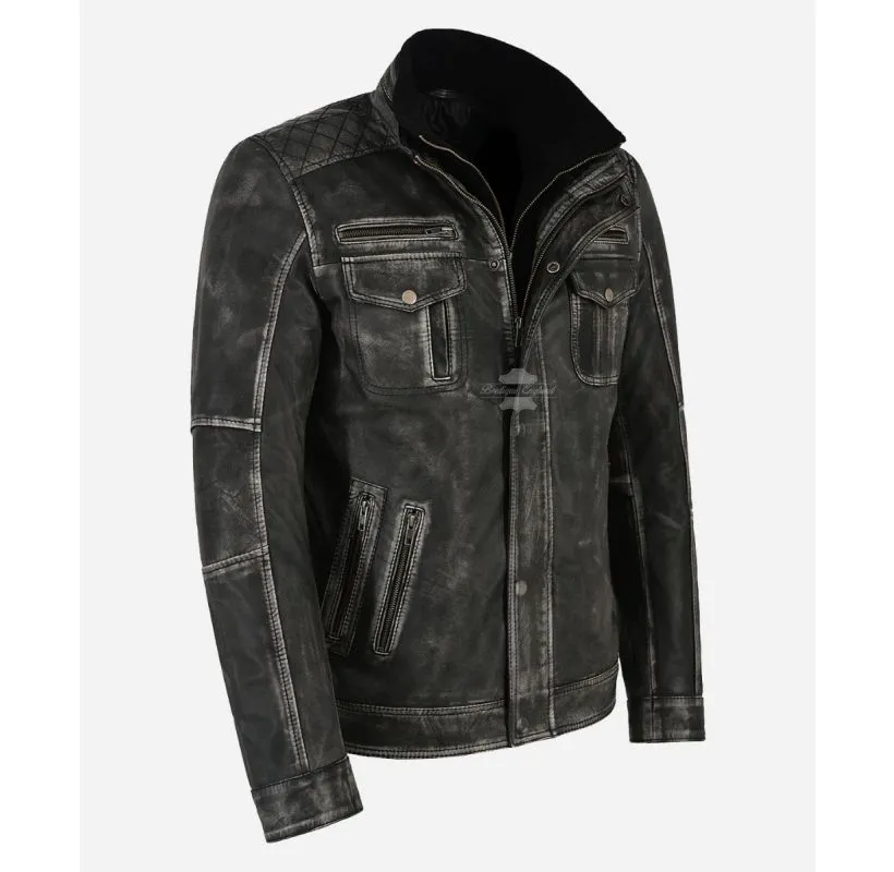TORONTO Grey VINTAGE LEATHER JACKET CLASSIC DOUBLE COLLARED JACKET