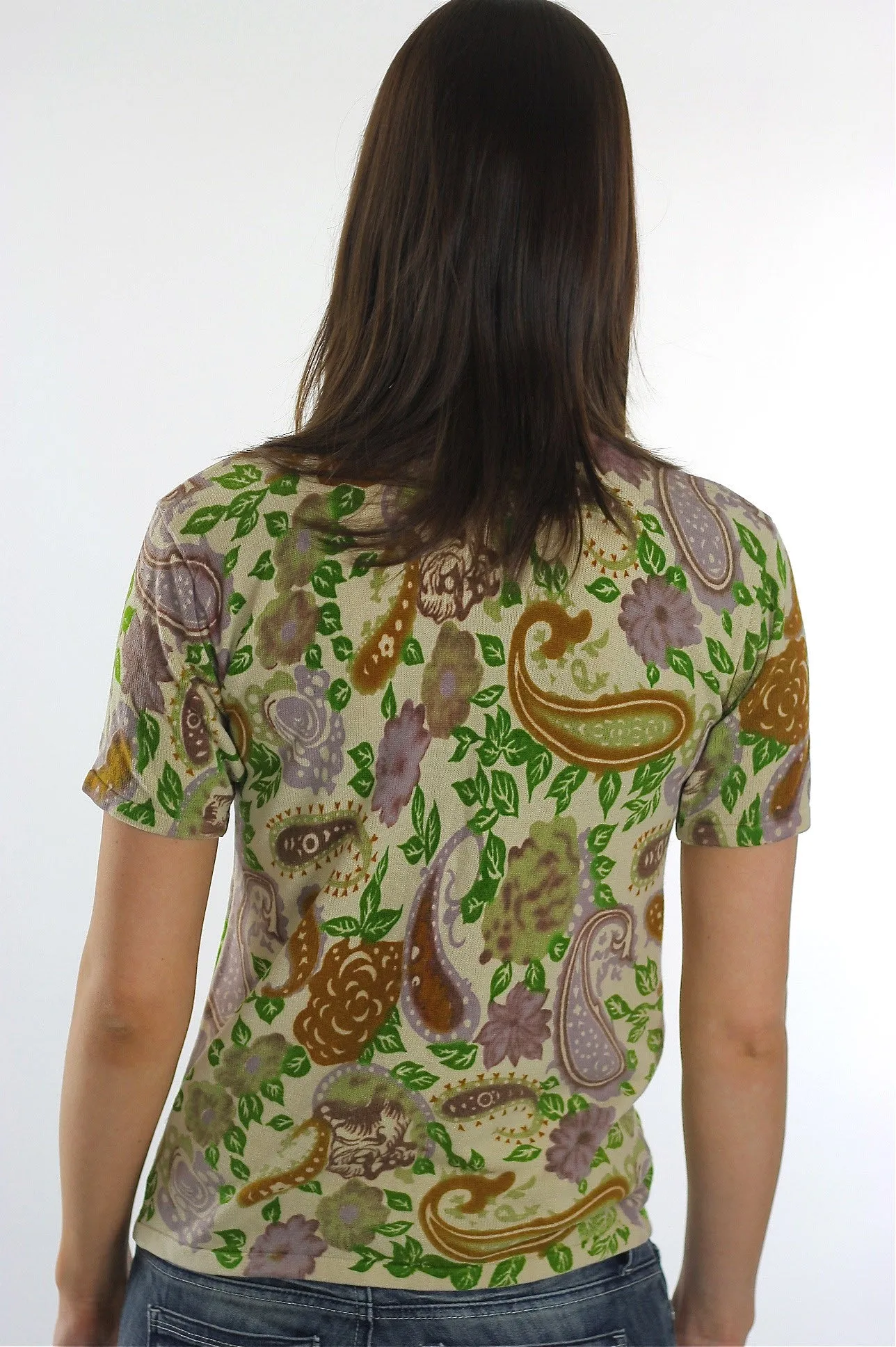 Vintage 70s Boho Hippie Paisley knit sweater Neon top shirt