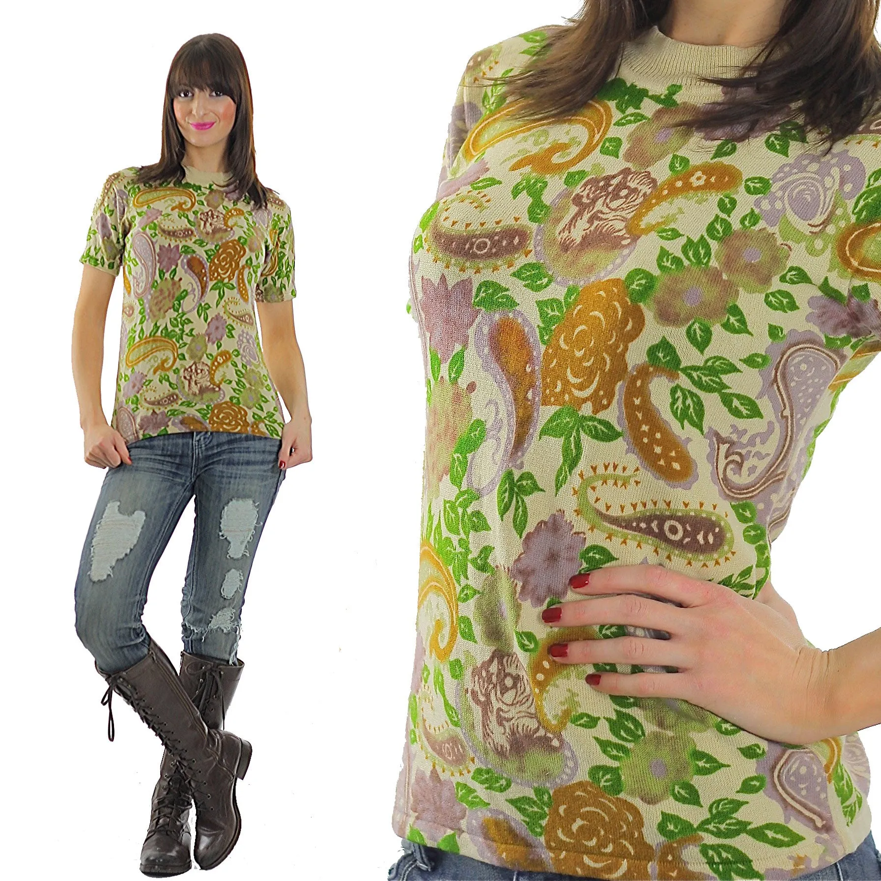 Vintage 70s Boho Hippie Paisley knit sweater Neon top shirt