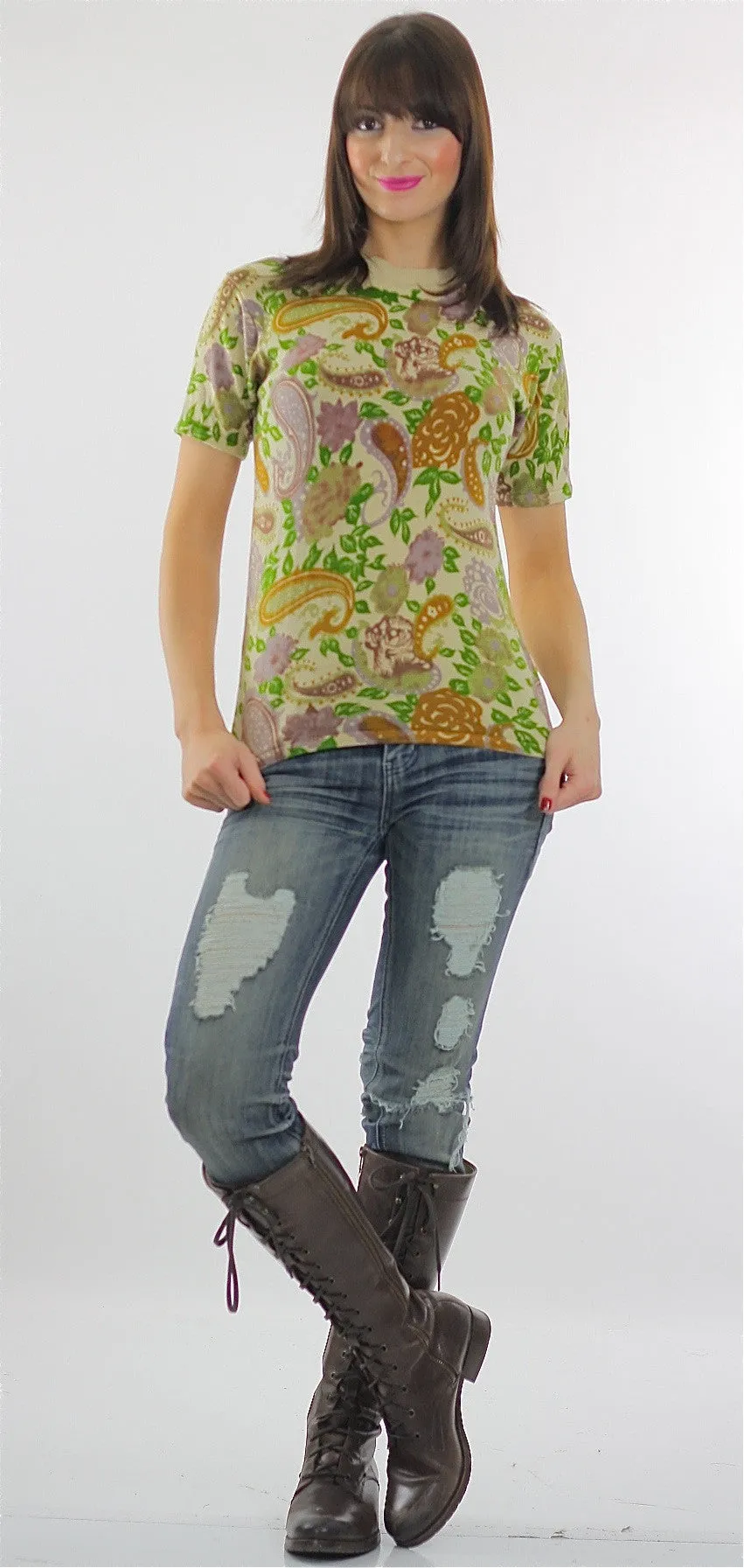 Vintage 70s Boho Hippie Paisley knit sweater Neon top shirt