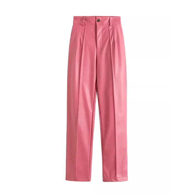Vintage High Waist Faux Leather Straight Pants