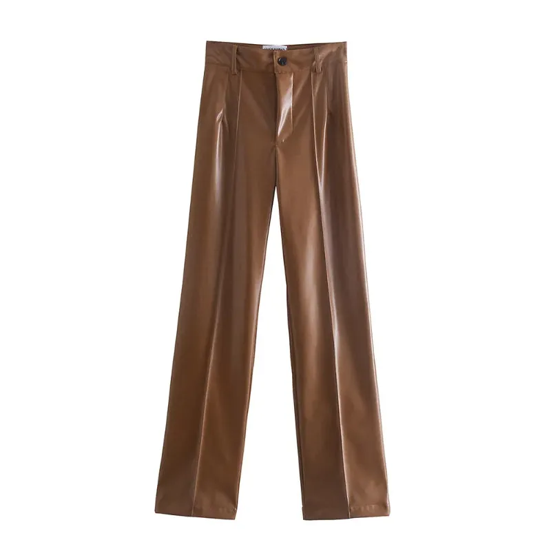 Vintage High Waist Faux Leather Straight Pants