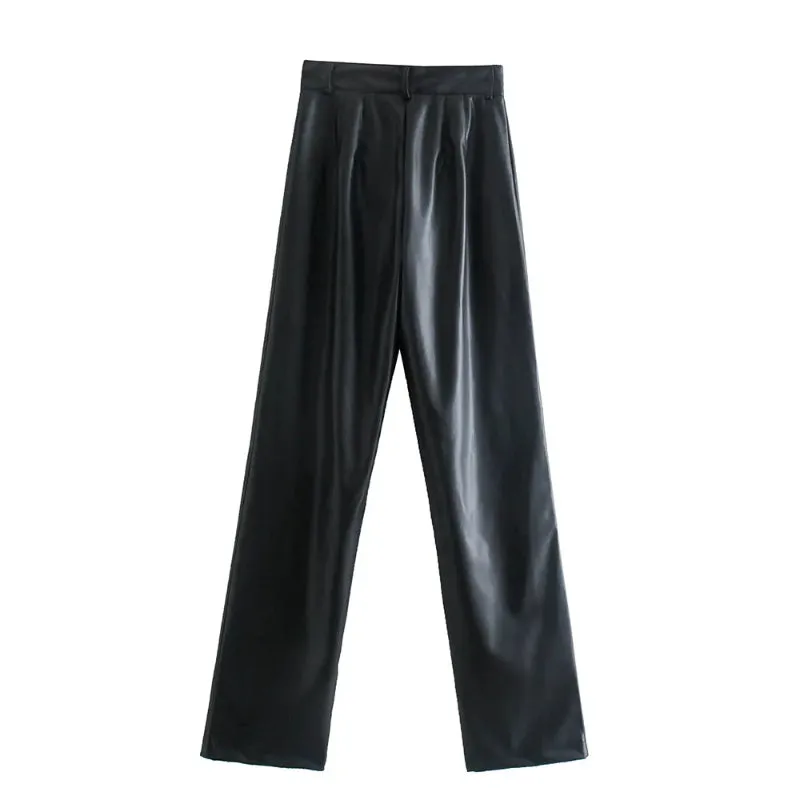 Vintage High Waist Faux Leather Straight Pants