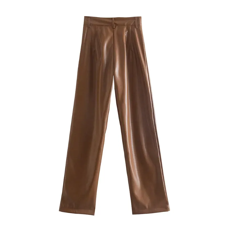 Vintage High Waist Faux Leather Straight Pants