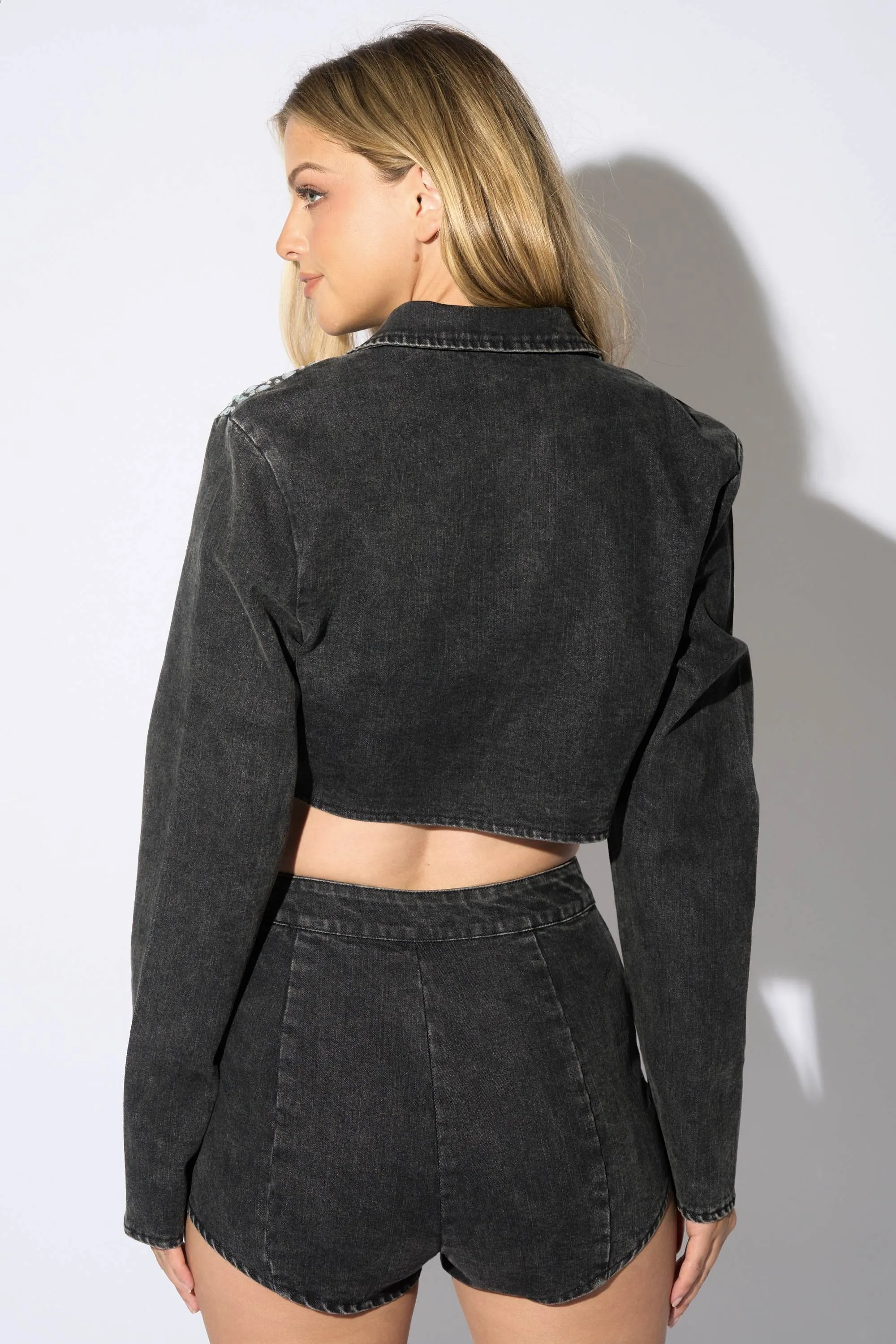 WASHED DENIM RHINESTONES CROP BLAZER & SHORTS SET