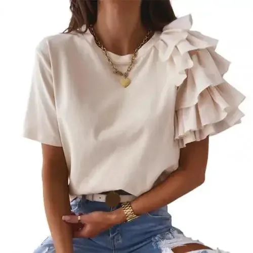Women elegant white Solid Color Layered Ruffle Short Sleeve Asymmetric Loose T-shirt