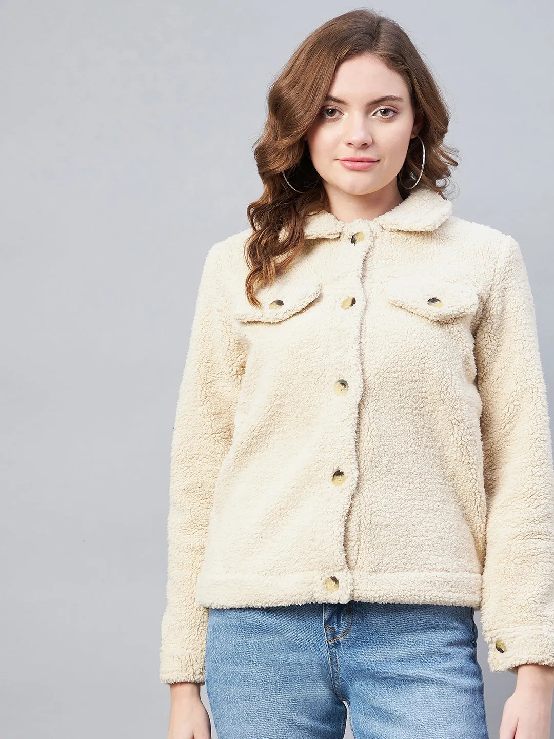 Women's Cream Fleece Casual Winter Jacket - StyleStone