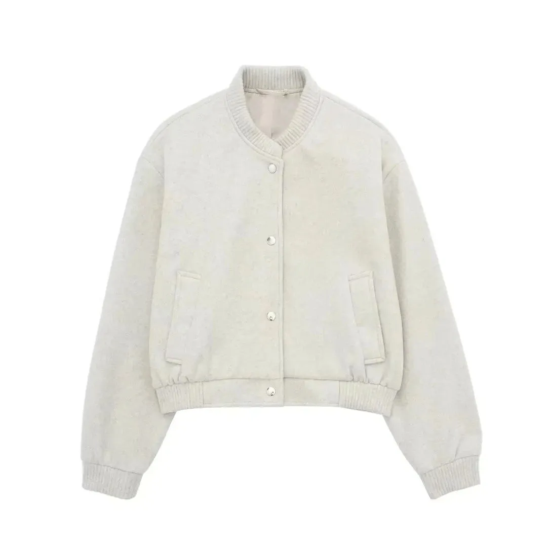 Women’s Vintage Cropped Bomber Jacket - Casual Winter Woolen Coat with Button Closure and Pockets