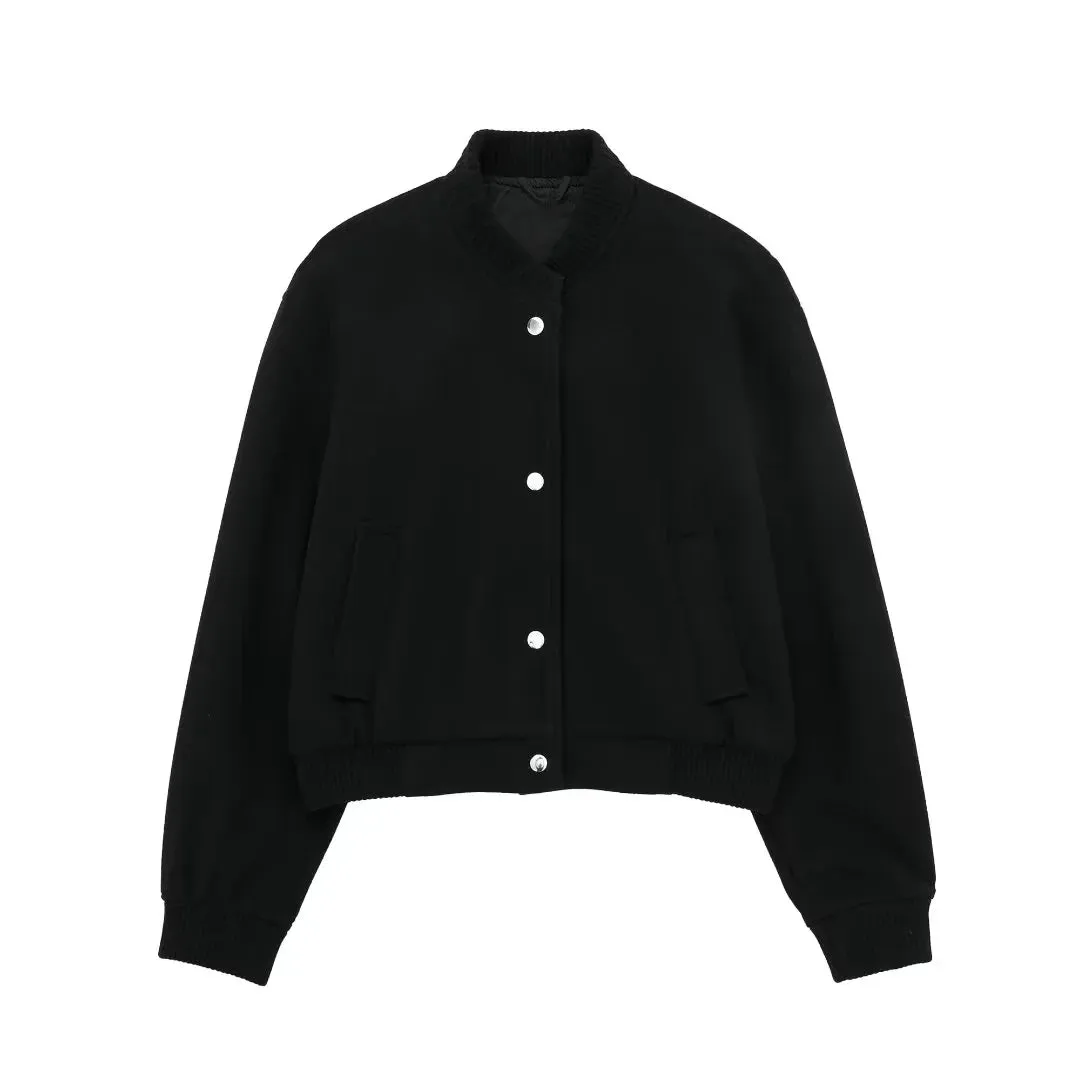 Women’s Vintage Cropped Bomber Jacket - Casual Winter Woolen Coat with Button Closure and Pockets