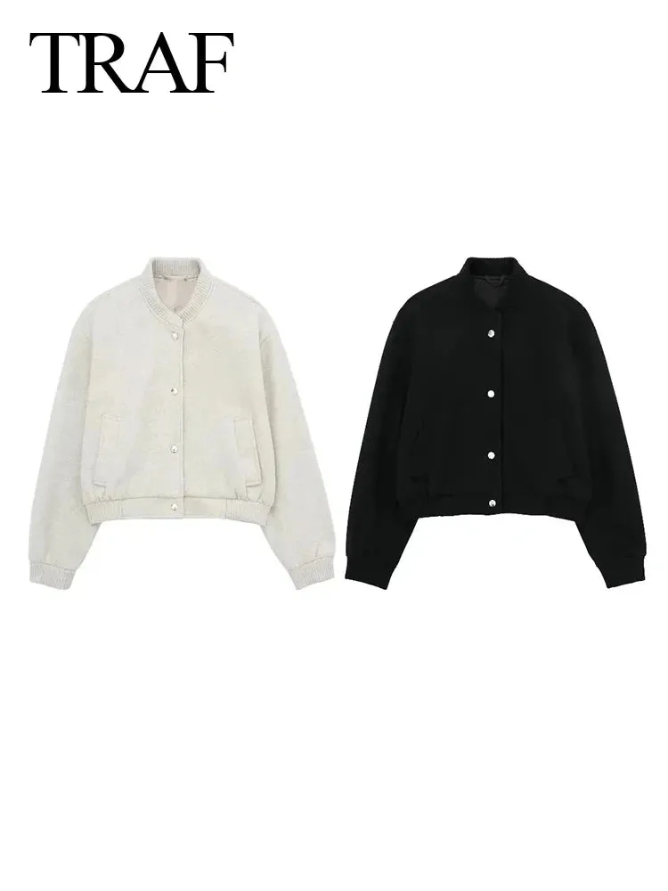 Women’s Vintage Cropped Bomber Jacket - Casual Winter Woolen Coat with Button Closure and Pockets