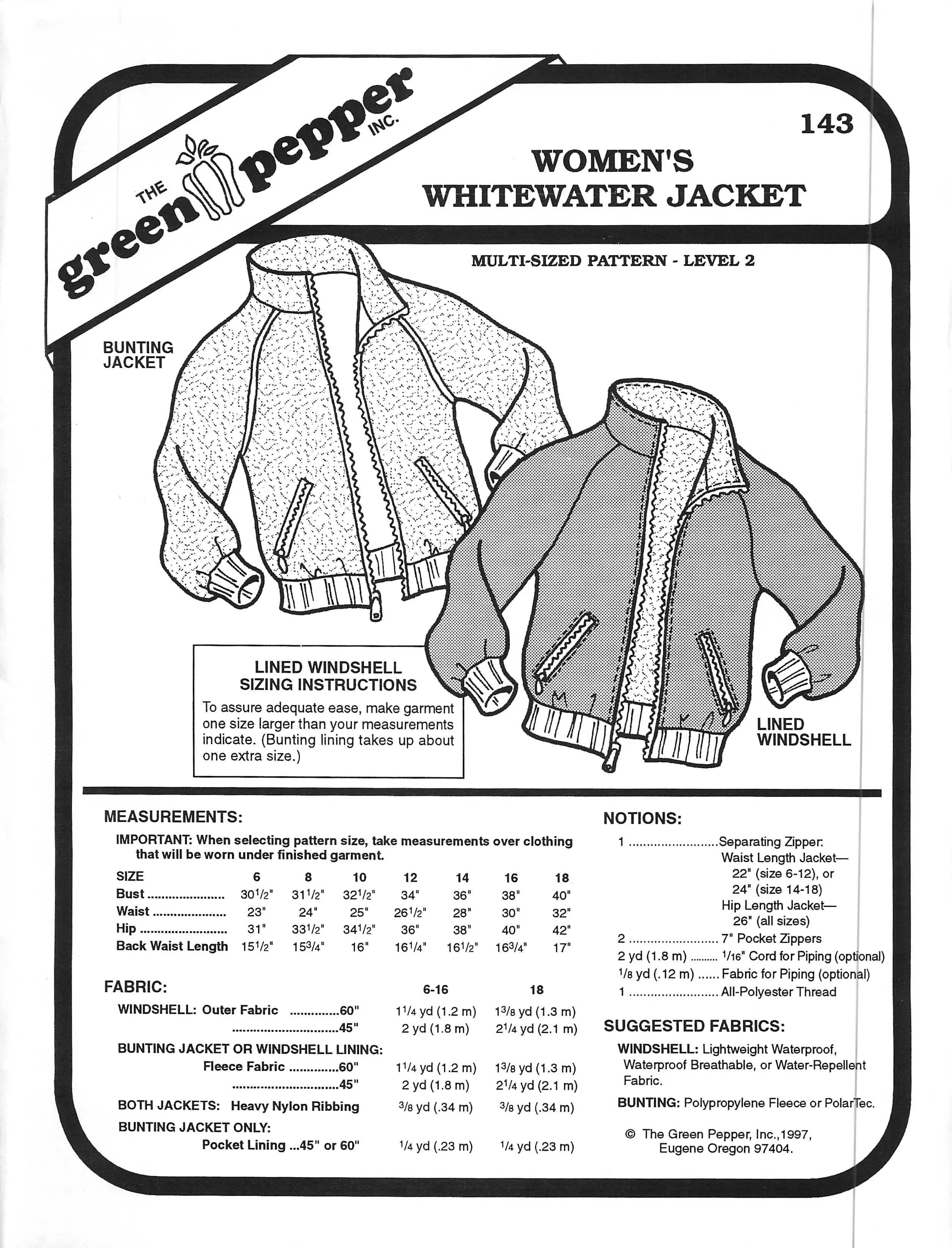 Women's Whitewater Jacket Sewing Pattern (Sold per Each)