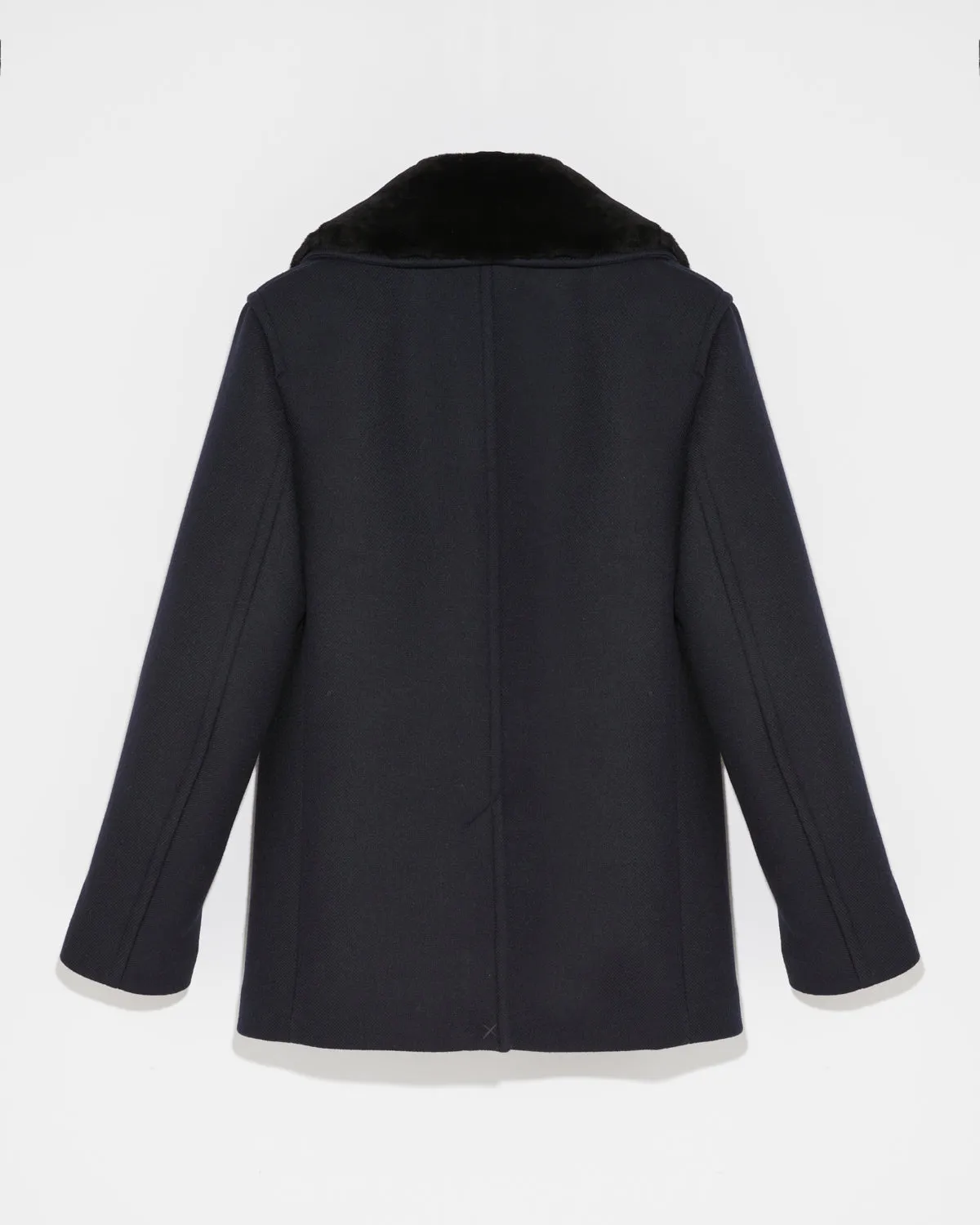 Woollen fabric pea coat with shearling collar