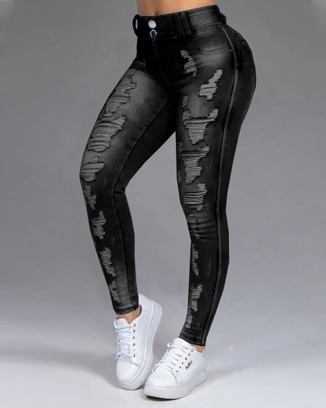 Zerrissene schlankmachende Stretch-Jeans